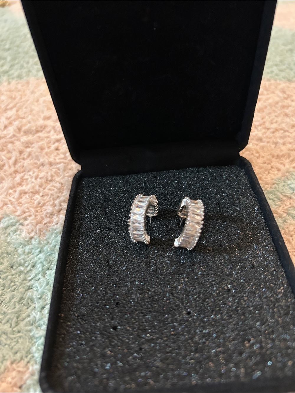 Clear Baguette Crystal Hoop Earrings in Silver Tone